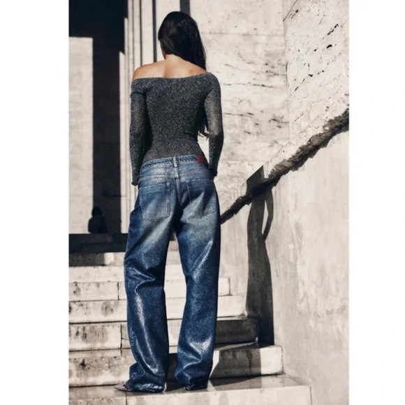 ZARA Z1975 MID WAIST WIDE LEG RHINESTONE JEANS - Picture 3 of 5